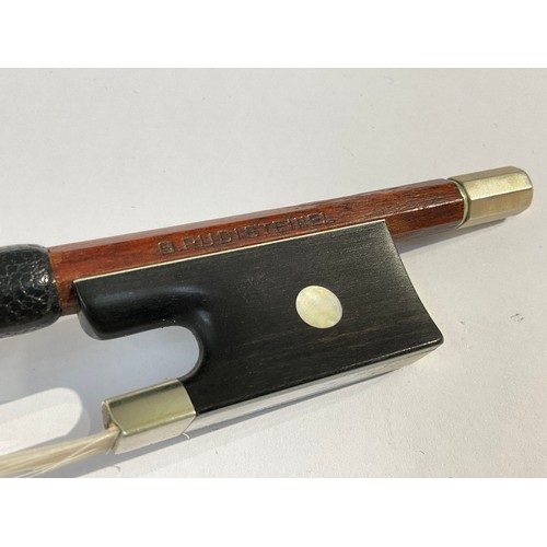 5087 - A Gustavia Rudolf Steinel violin bow with nickel and mother of pearl set ebony frog, round stick, iv... 