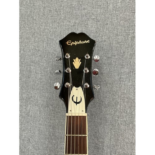 5114 - An Epiphone Riviera VC semi-acoustic electric guitar, sunburst body, hole to reverse and some splitt... 