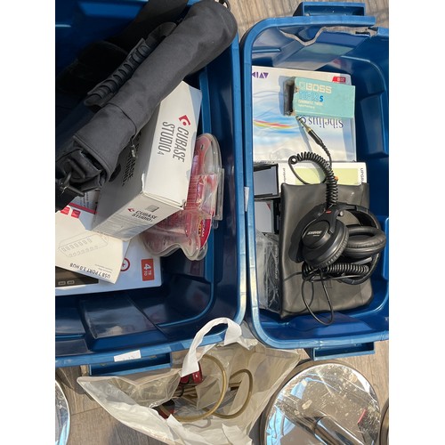 5070 - Two boxes of mixed music equipment including software, Boss TU-12S tuner, Shure headphones and mixed... 