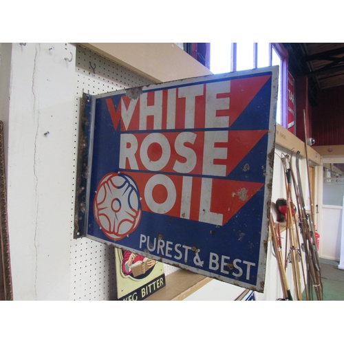 9014 - An enamel double sided sign with flange; White Rose Oil, 22
