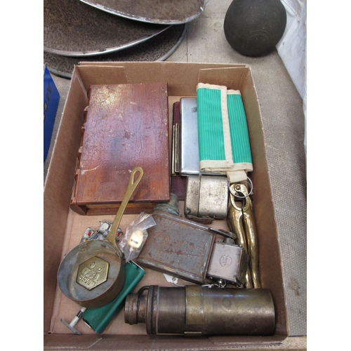 9069 - A box of miscellaneous including a brass jewellers/plumbers blow torch by Abbott Birks, chrome cigar... 