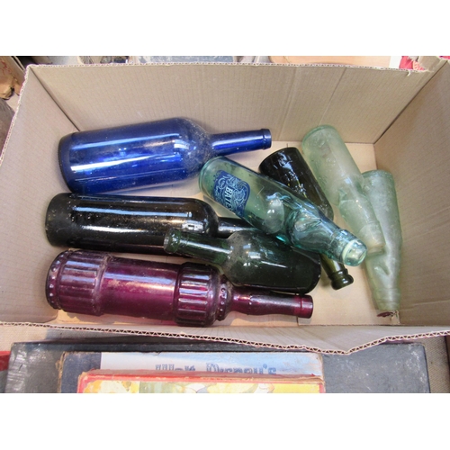 9075 - Three glass Codd bottles, coloured wine bottles etc