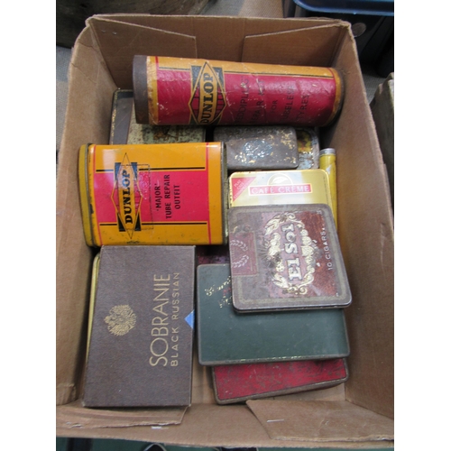 9080 - A box of miscellaneous tins including Dunlop, Players Navy Cut Cigarettes, Gold Block etc           ... 