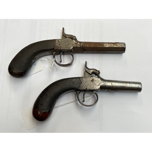 9210 - Two 19th Century box lock percussion pistols with scrolled foliate engraved detail