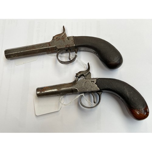 9210 - Two 19th Century box lock percussion pistols with scrolled foliate engraved detail