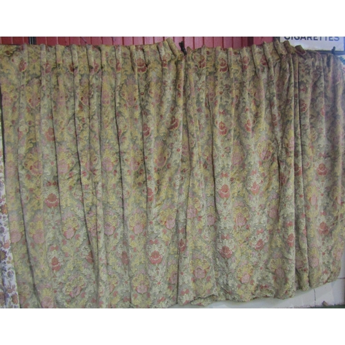 1139 - A pair of Victorian cut velvet curtains in raspberry, cream and pale green tones. Flock repeated pat... 