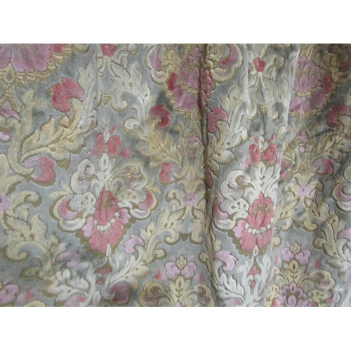 1139 - A pair of Victorian cut velvet curtains in raspberry, cream and pale green tones. Flock repeated pat... 