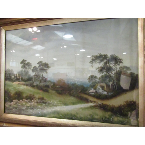 1007 - An oil on board depicting rural pathway with cottage, gilt framed and glazed, 49.5cm x 72cm wide ima... 