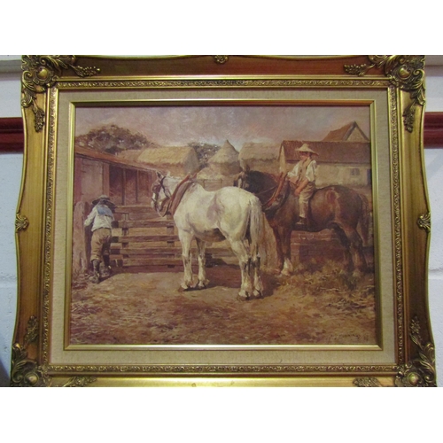 1030 - An Alfred Munnings oleograph of horses, 39.5cm x 49.5cm image size, and one other of St Marks Square... 