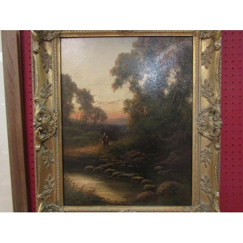 1095 - A late 19th Century oil on canvas, figures walking on river path. Indistinctly signed bottom right. ... 