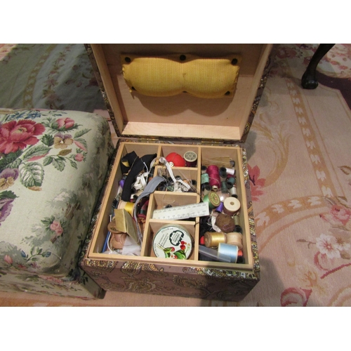 1113 - Two sewing chests with contents and a toy box