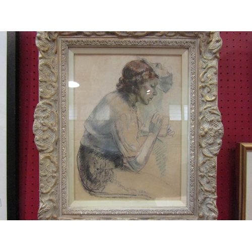 1116 - ERNEST HEBER THOMPSON (1891-1971): A pencil and watercolour, lady drinking with straw, framed and gl... 