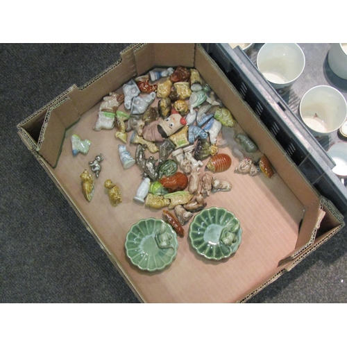 1141 - A box of glass bottles and stoneware jars, a box of Royal commemorative cups and a box of wade whims... 