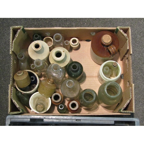 1141 - A box of glass bottles and stoneware jars, a box of Royal commemorative cups and a box of wade whims... 