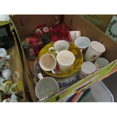 1429 - Three boxes containing Royal Crown Derby dinner plates and dish, cranberry glasses, Royal memorabili... 