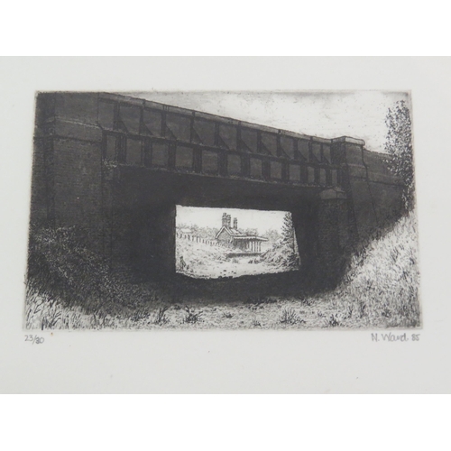 7036 - A quantity of Nick Ward pen and ink drawings of steam engines, diesel engine and a bridge at a railw... 