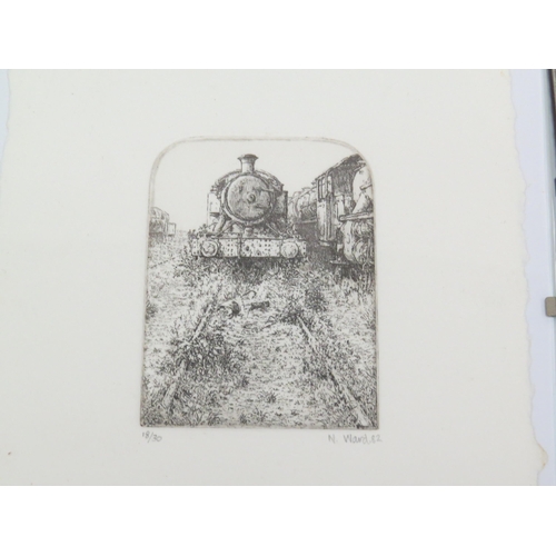 7036 - A quantity of Nick Ward pen and ink drawings of steam engines, diesel engine and a bridge at a railw... 