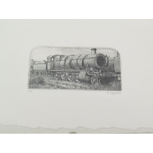 7036 - A quantity of Nick Ward pen and ink drawings of steam engines, diesel engine and a bridge at a railw... 