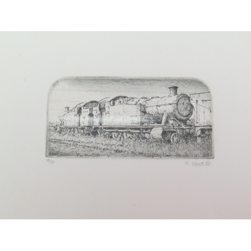 7036 - A quantity of Nick Ward pen and ink drawings of steam engines, diesel engine and a bridge at a railw... 