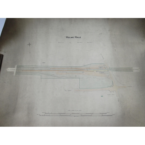 7032 - Two original rolled and dated surveyors maps and one paper copy of railway stations - Watton, Holme ... 