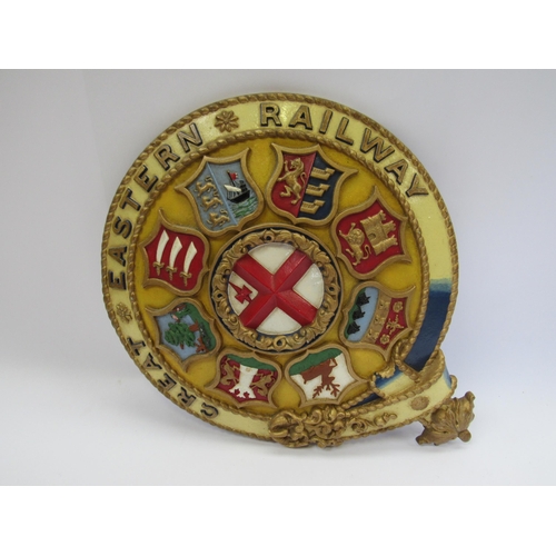 7047 - A cast alloy GER company coat of arms and a wooden transfer print town coat of arms - 'Rex Et Nostra... 