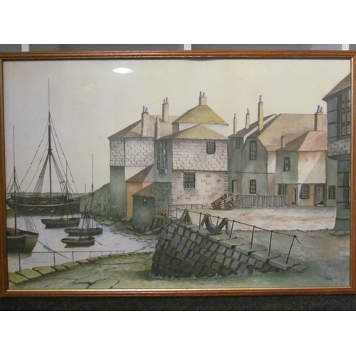 1009 - A.SHARP: A naive watercolour of a harbour scene, signed lower right, framed and glazed, 50cm x 75cm ... 