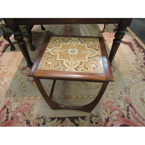 1011 - A teak G-Plan style coffee table with tile top, 50cm high x 50cm wide x 50cm deep