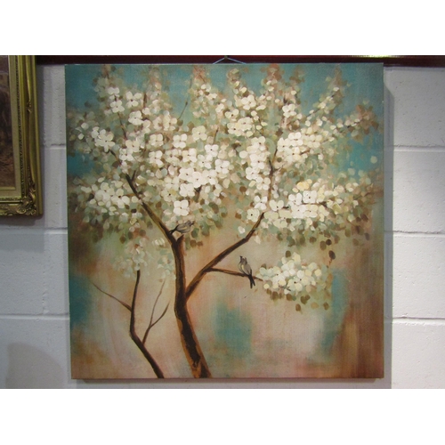 1019 - An oil mounted onto canvas depicting blossom tree and birds, 80cm x 80cm image size