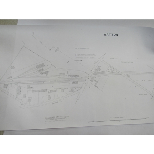 7032 - Two original rolled and dated surveyors maps and one paper copy of railway stations - Watton, Holme ... 