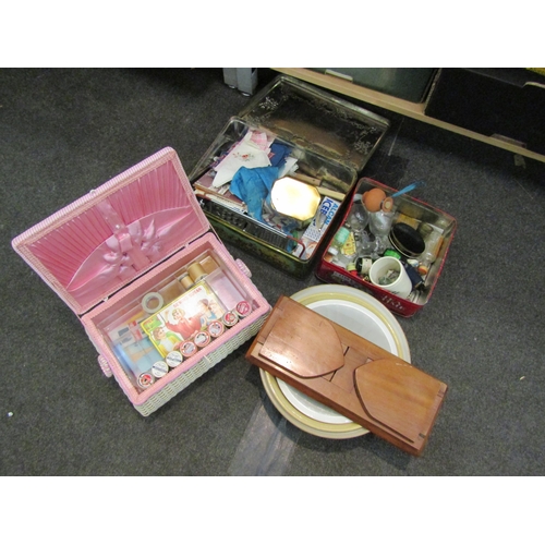 1165 - A vintage plastic woven sewing box together with mixing bowls, book slide and two tins containing mi... 