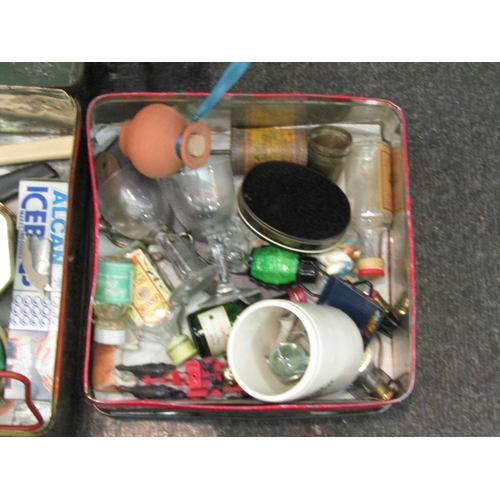 1165 - A vintage plastic woven sewing box together with mixing bowls, book slide and two tins containing mi... 