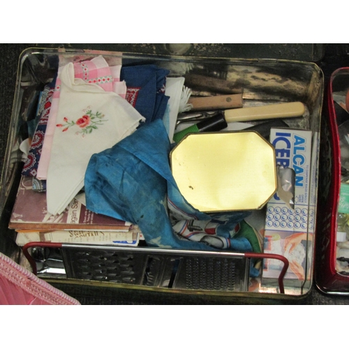 1165 - A vintage plastic woven sewing box together with mixing bowls, book slide and two tins containing mi... 