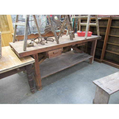 2046 - An industrial pine work bench, 231 x 85cm