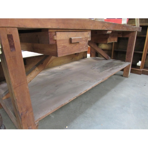 2046 - An industrial pine work bench, 231 x 85cm