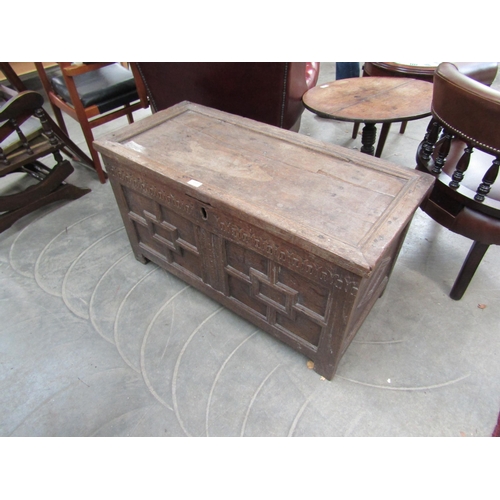 2237 - A 17th Century oak carved blanket box, no locking mechanism 101 x 47cm   (R) £120