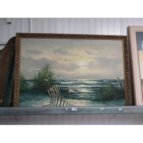 2133 - A framed oil on canvas, crashing wave beach scene   (R) £20