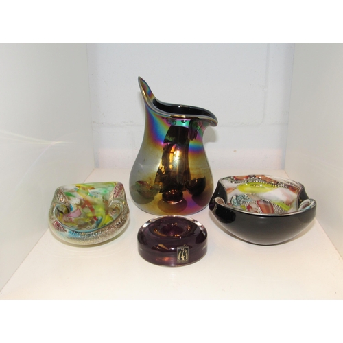 1413 - Two end of day glass dishes, lustre dish and candlestick