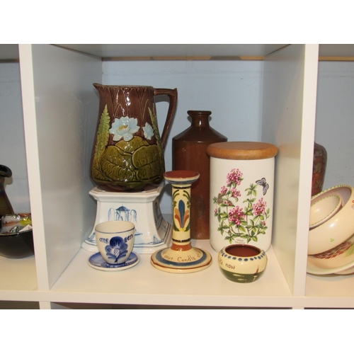 1414 - A quantity of mixed ceramics including Radford Scraffito jug, West German vase, Stoneware bottle etc