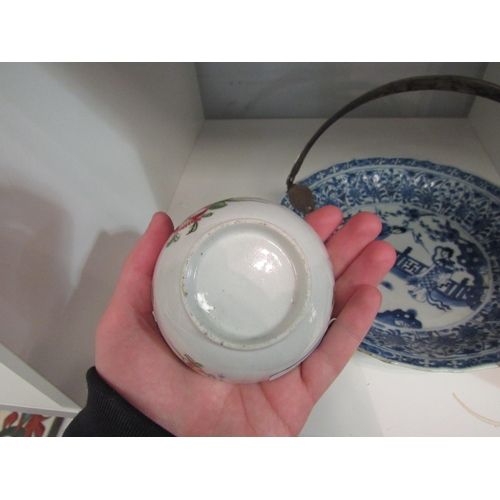 1429 - An 18th Century Chinese blue and white dish with white metal handle and a tea bowl