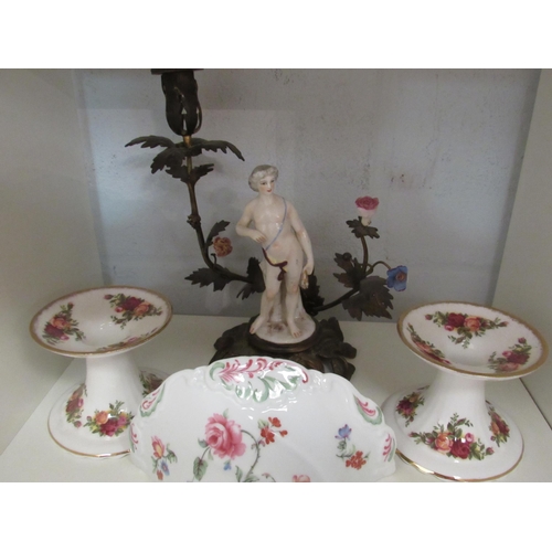 1433 - A decorative figural candlestick, Worcester wall pocket and Royal Albert Old Country Rose candlestic... 