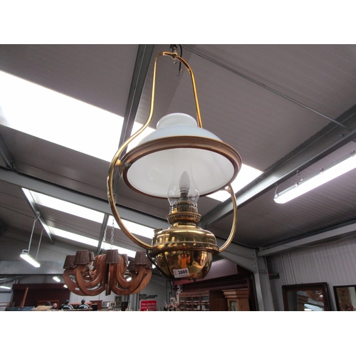 2005 - A Victorian brass oil hanging lamp with opaque glass shade