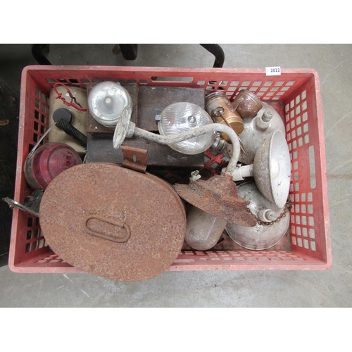 2022 - A box of miscellaneous including swan neck lantern, tin hat box etc