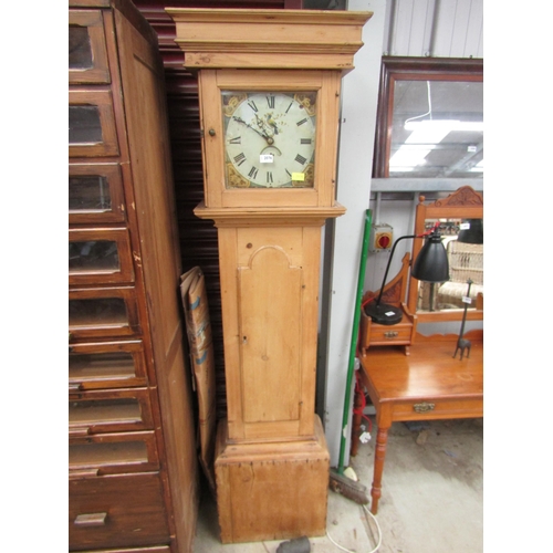 2076 - An early 19th Century pine longcase clock with painted face (repaired), with one weight, a pendulum ... 