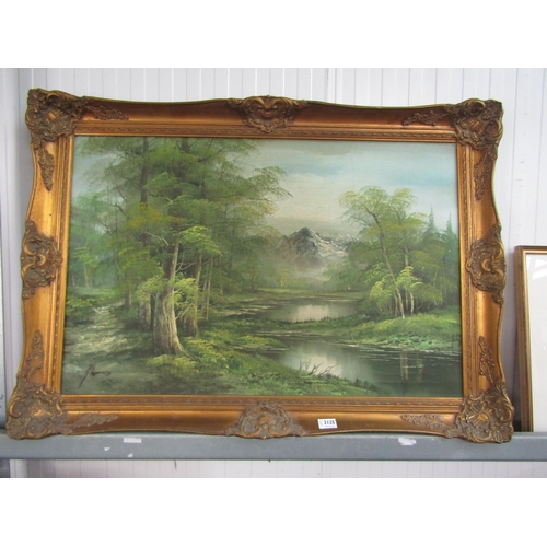 2125 - A gilt framed oil on canvas mountain and riverscape   (R) £30