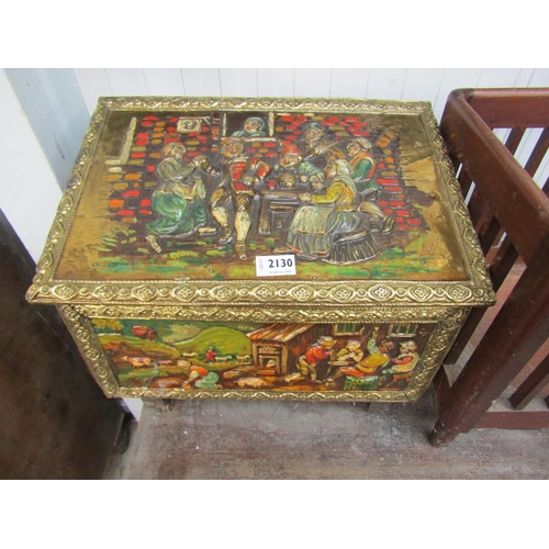 2130 - A hand painted embossed coal box with town scenes design, on castors