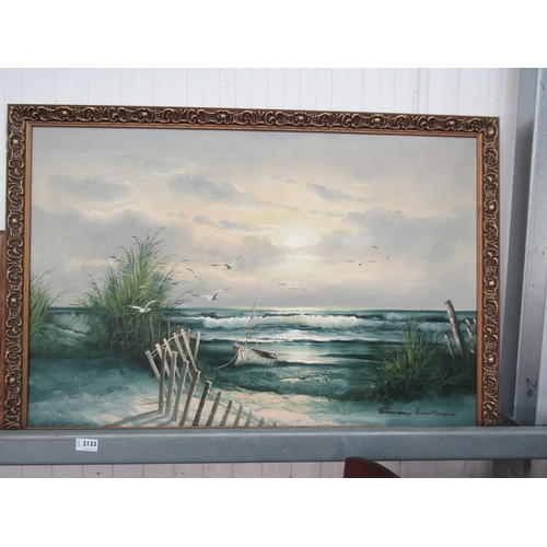 2133 - A framed oil on canvas, crashing wave beach scene   (R) £20