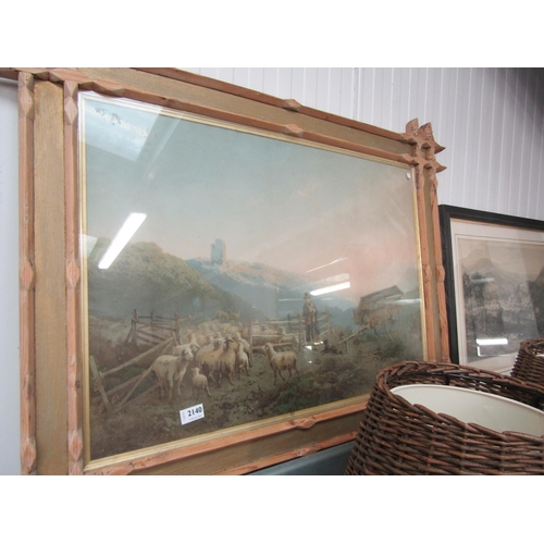 2140 - A large Victorian pine framed print of a shephered and flock   (R) £20