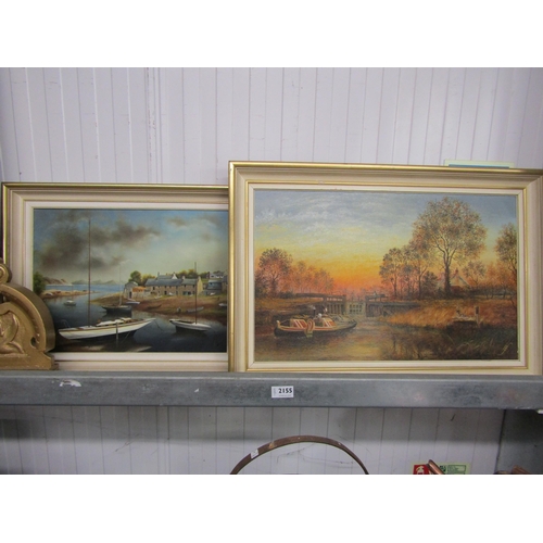 2155 - Hubert Shipley (Bungay artist): Sunset scene and boating scene. Two oils on artists board   (E) £20-... 