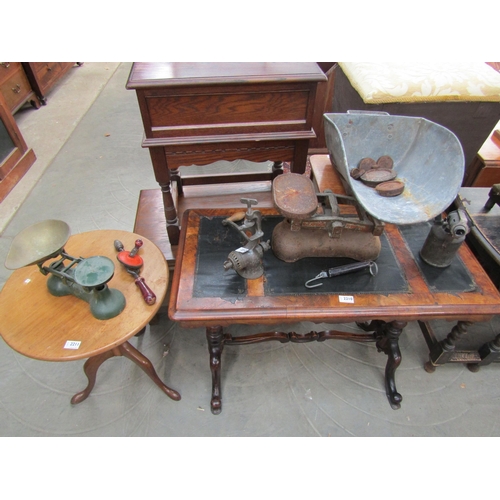 2212 - Three sets of bygone scales, bench fitting mincer, hand drill etc  (E)  £10-20