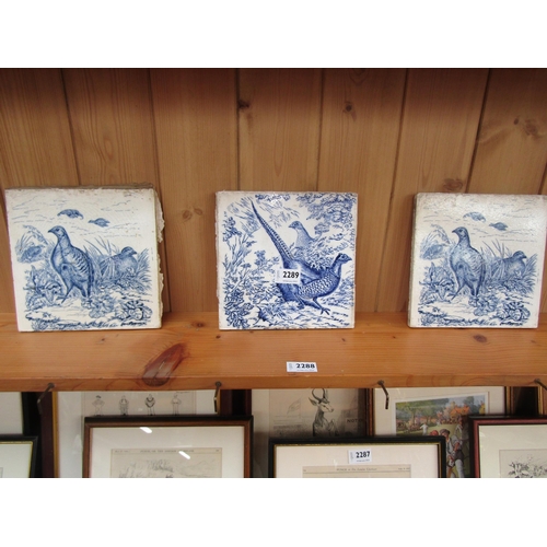 2289 - Three Wedgewood blue and white tiles with game bird pictures  21 x 21cm